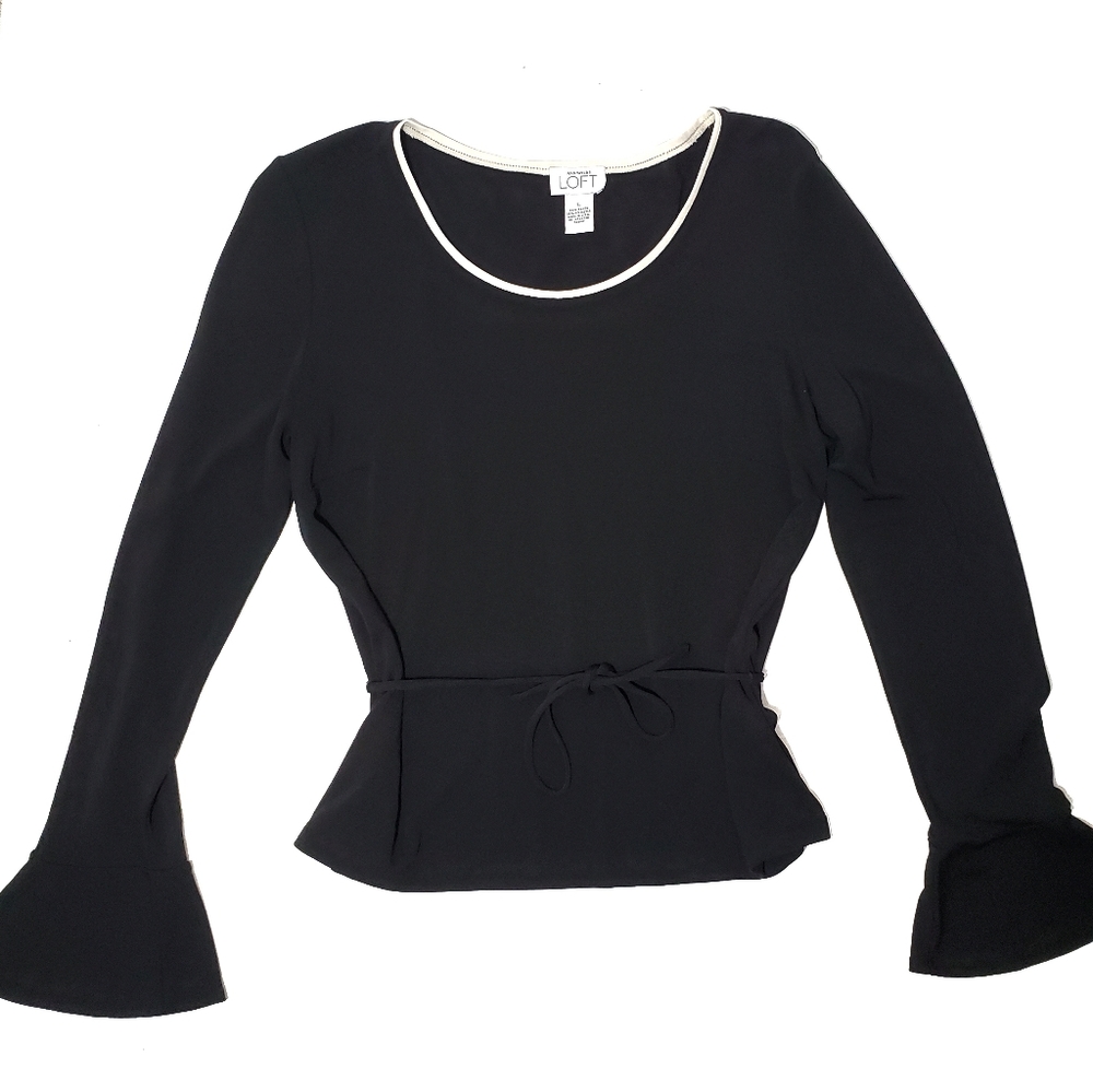 Loft Black Long Sleeve Tie Waist Blouse
